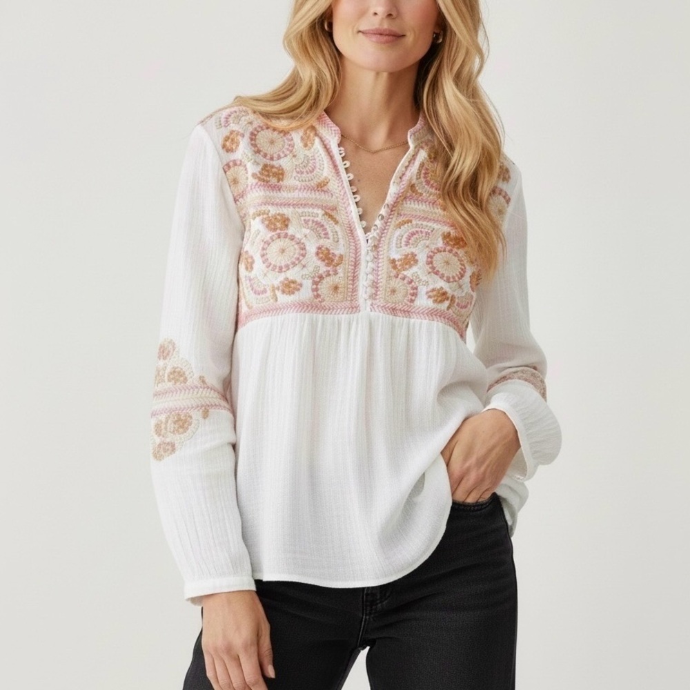Johnny Was Long Sleeve Boho Cotton Gauze Embroidered Blouse Top Size M